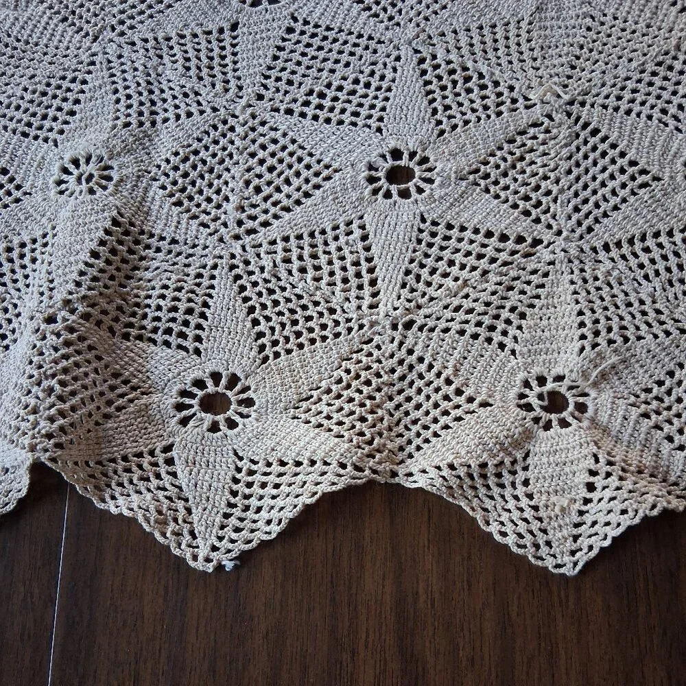Hand Crocheted Ivory Table Runner • Beige Star Motif • Silk Thread Lace • 64